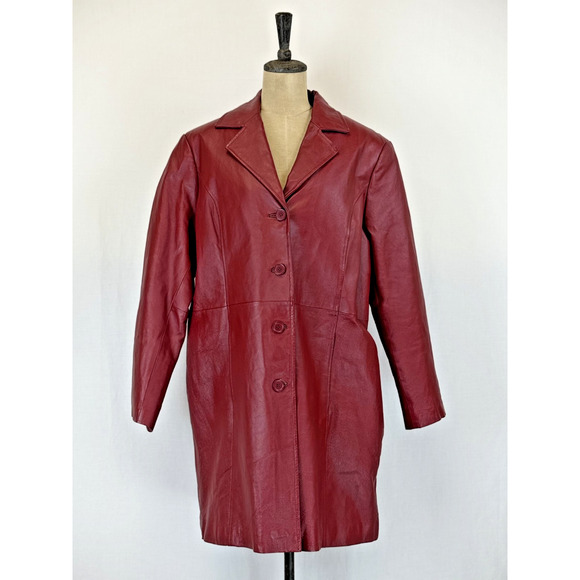 Vintage Y2K Phase Two Red Leather Trench Coat Womens XXL #0336